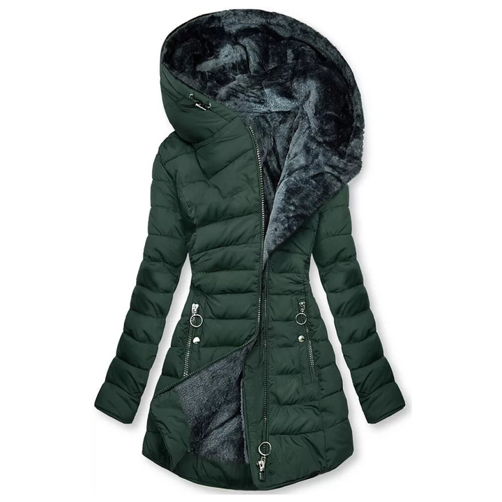 Back view of the women's long waterproof winter coat, designed for warmth & style in cold weather outerwear.