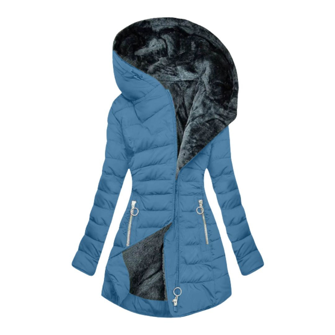 Interior view of the women's warm winter coat, showing soft lining for ultimate comfort in cold weather.