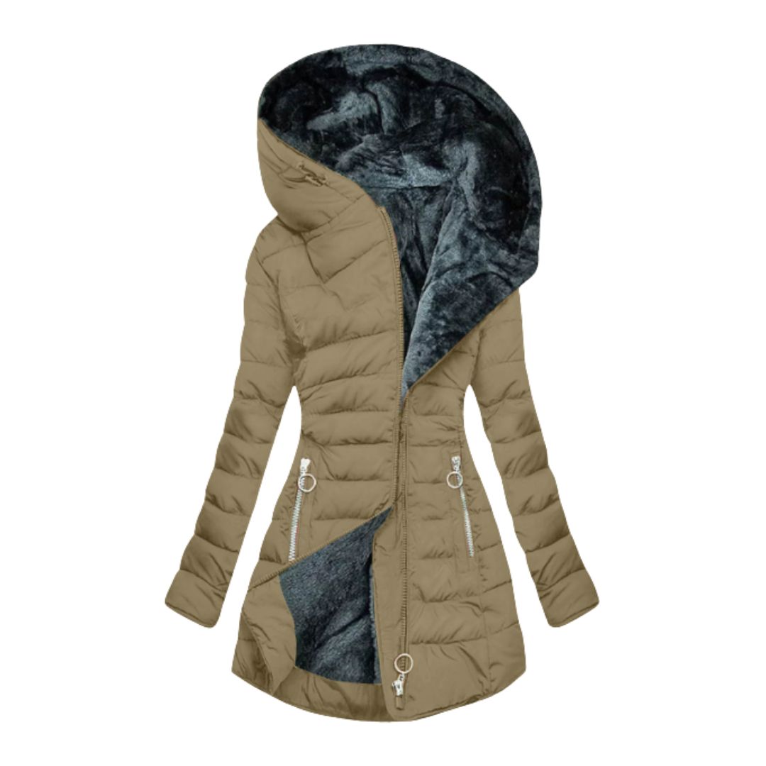 Detail of the women's waterproof winter coat's durable zipper & storm flap for ultimate cold weather protection.