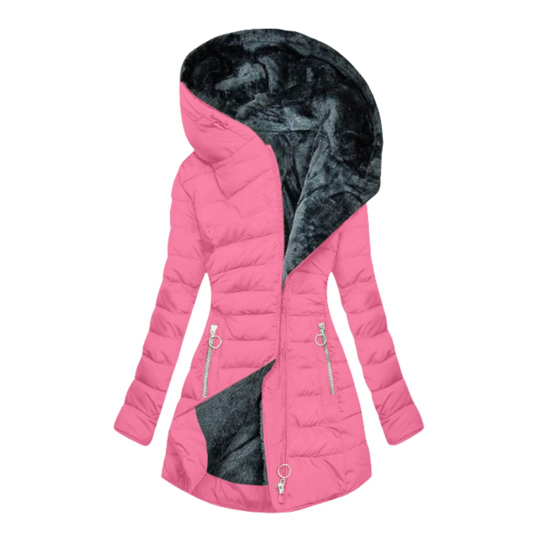 Functional pockets on the women's waterproof long winter coat, keeping hands warm & essentials secure.