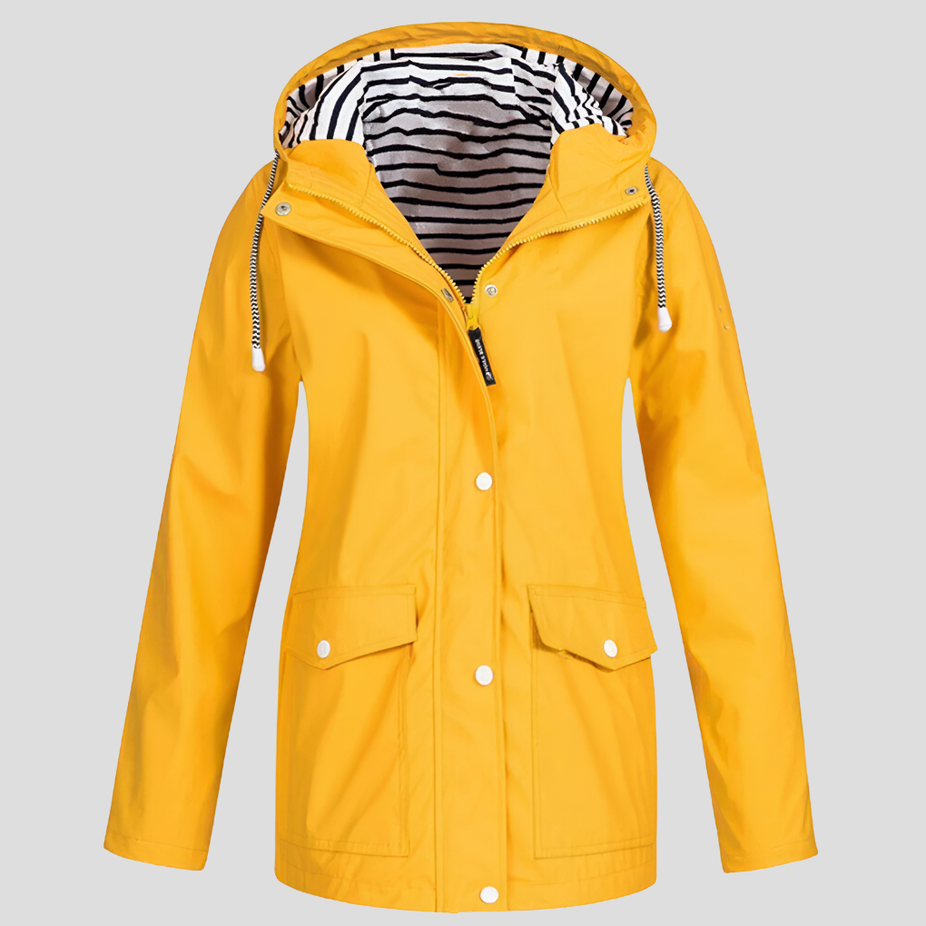 Women's weatherproof hooded jacket, water & wind resistant for outdoor adventures & active wear.
