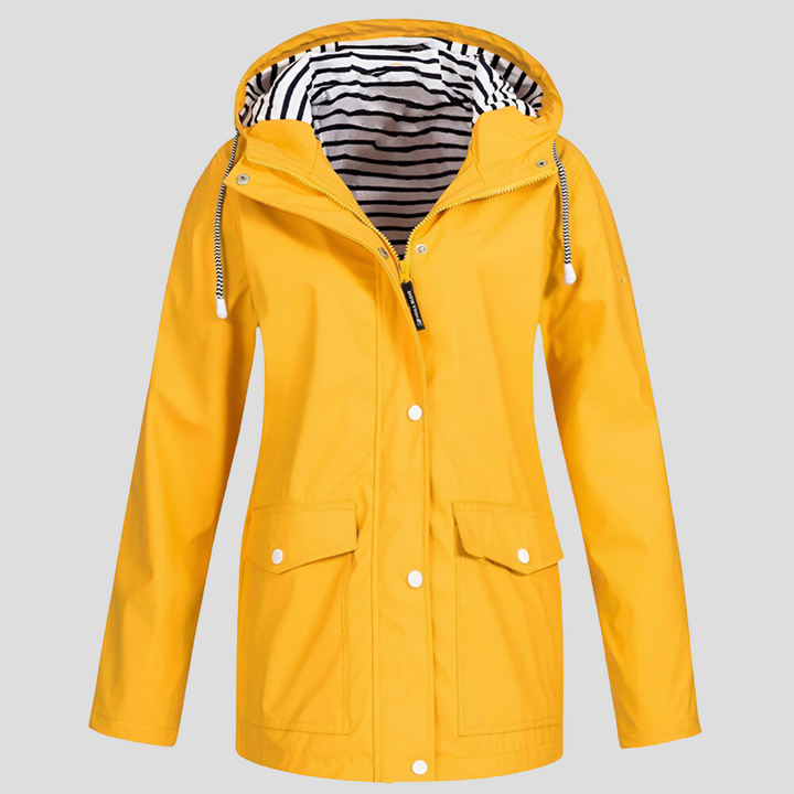 Women's weatherproof hooded jacket, water & wind resistant for outdoor adventures & active wear.
