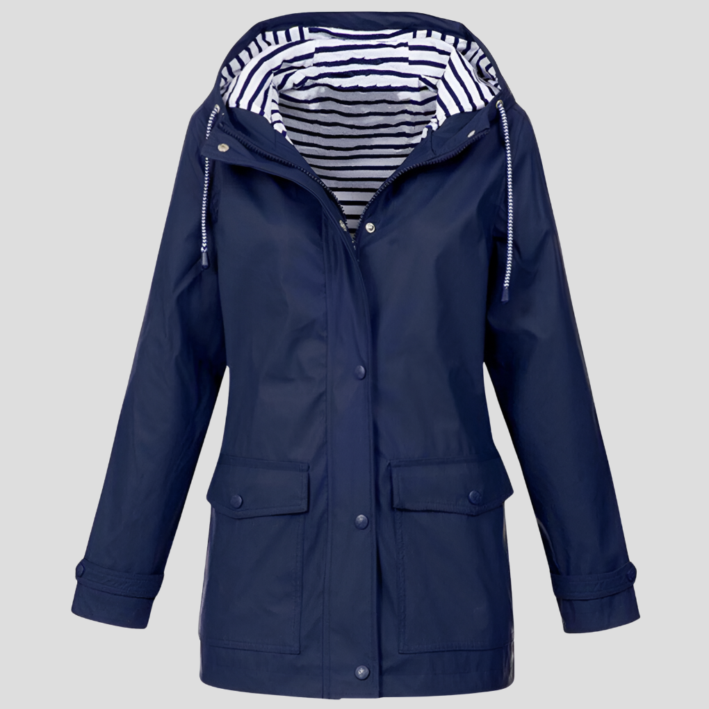 Durable women's hooded raincoat, wind & water resistant, offering excellent weather protection.