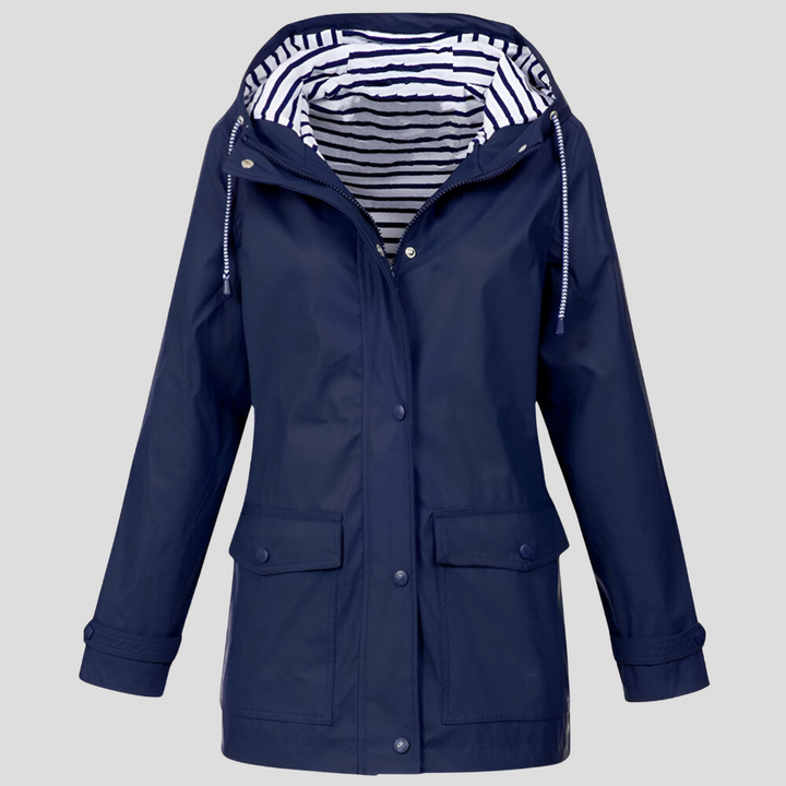 Durable women's hooded raincoat, wind & water resistant, offering excellent weather protection.