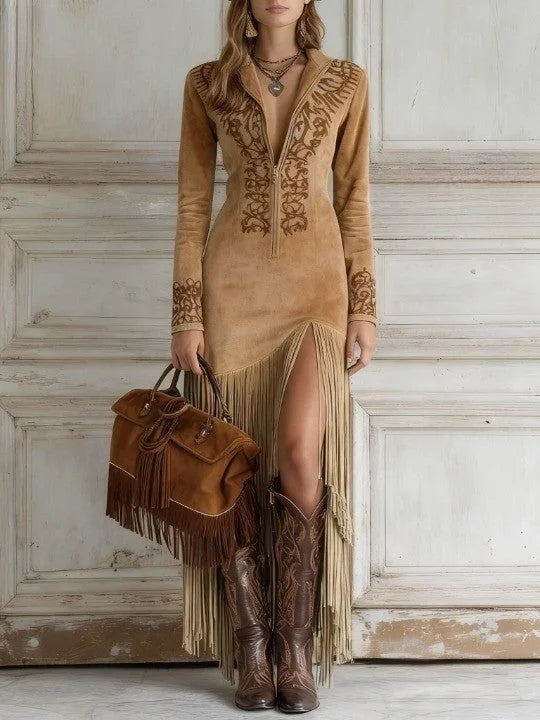 Elegant women's V-neck maxi dress, Western style with intricate embroidery and a playful fringe hem. Ideal for parties.