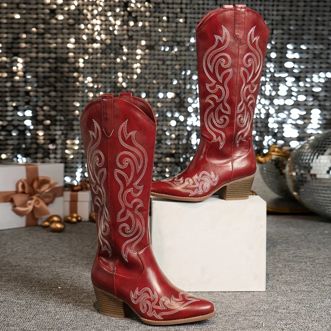 Women's knee-high western fashion boots, detailed embroidery, easy side zipper.