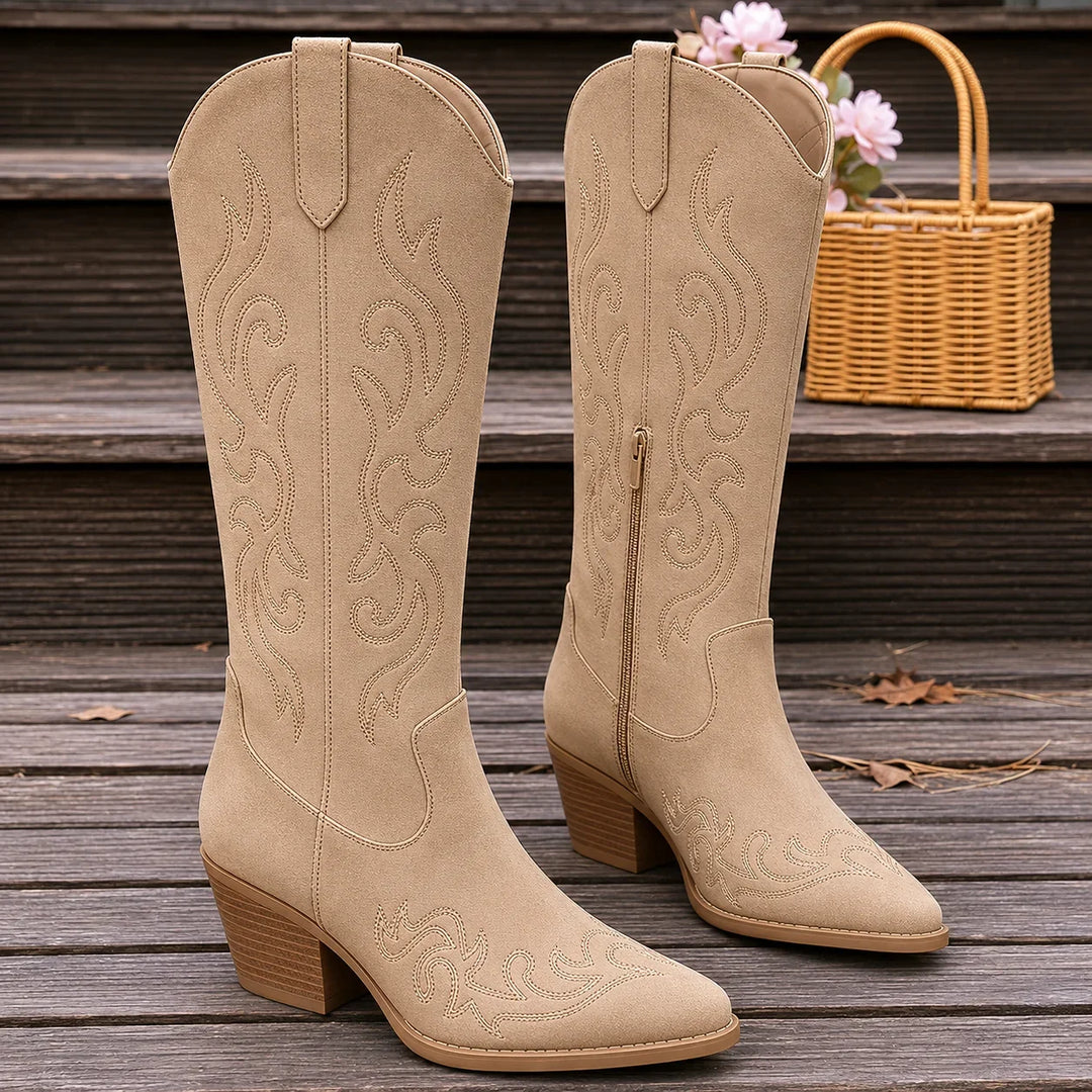 Premium women's western boots, knee-high, exquisite embroidery, side zip entry.