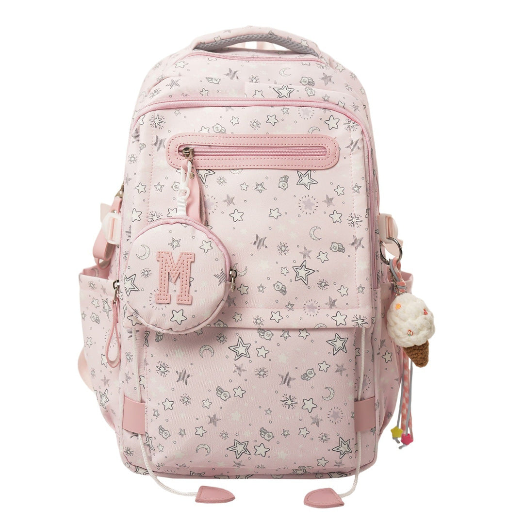 Women's whimsical backpack with vibrant star pattern, ideal for daily use, school, or travel.