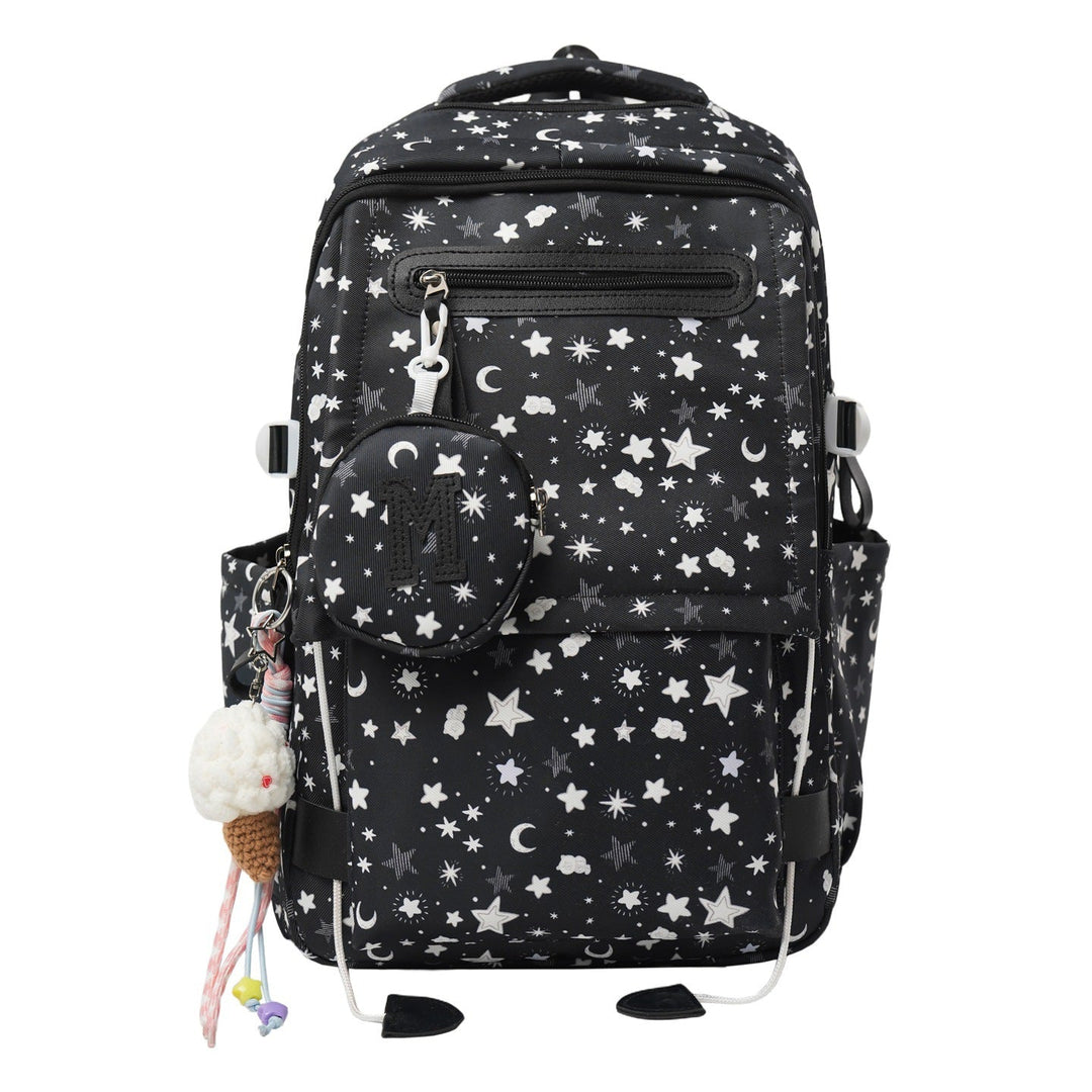 Chic women's daily backpack featuring a unique whimsical star pattern, great for school, travel, or errands.