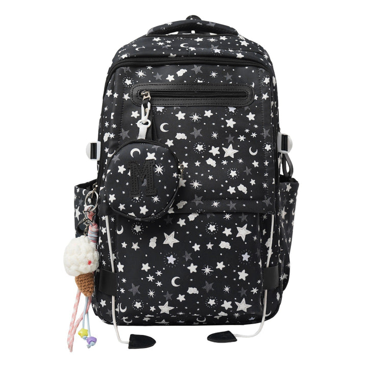 Chic women's daily backpack featuring a unique whimsical star pattern, great for school, travel, or errands.