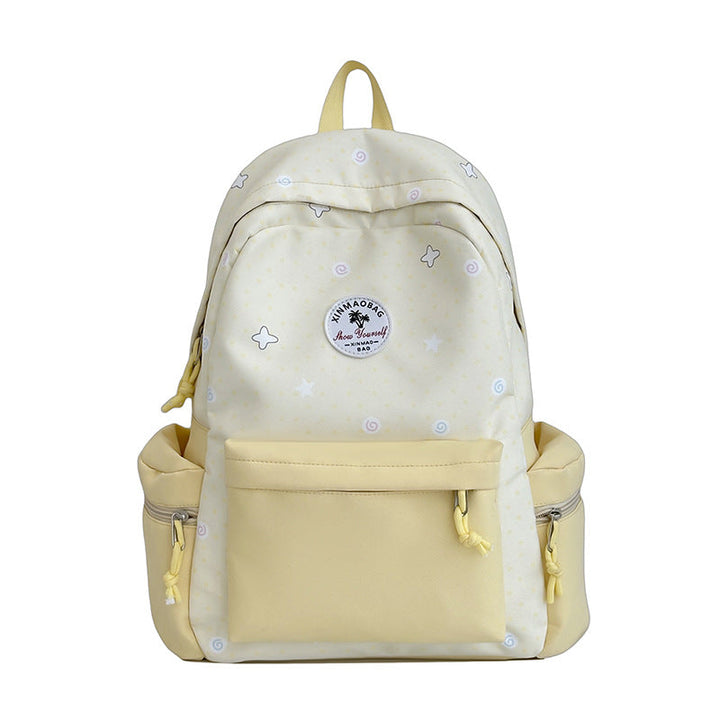 Colorful women's patterned backpack for school, travel, or daily use; a stylish and whimsical accessory.