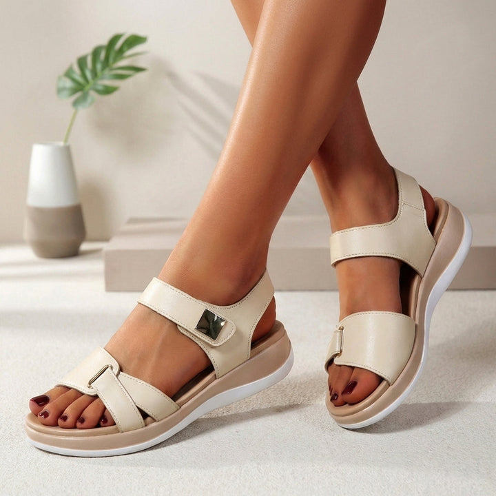 Beige women's adjustable strap platform sandals, ideal for summer vacation, walking, & everyday comfort.