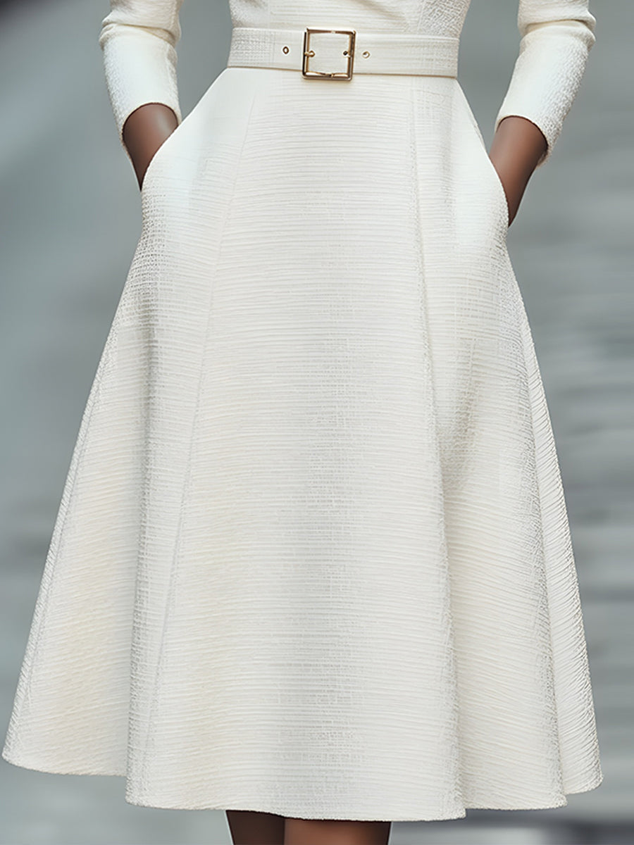 White V-neck belted midi dress coat, a sophisticated women's formal occasion dress with a flattering silhouette.