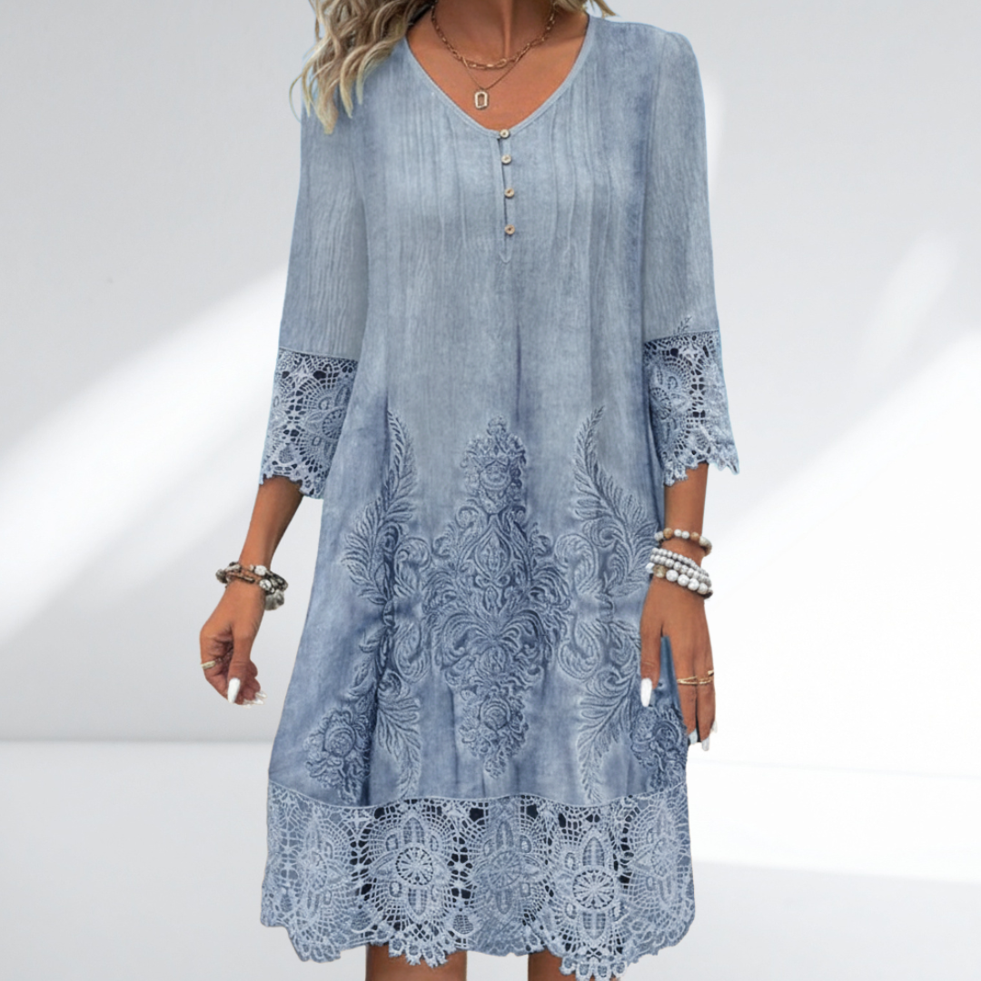 Casual women's bohemian midi dress featuring elegant lace trim, beautiful embroidery, perfect for summer fashion.