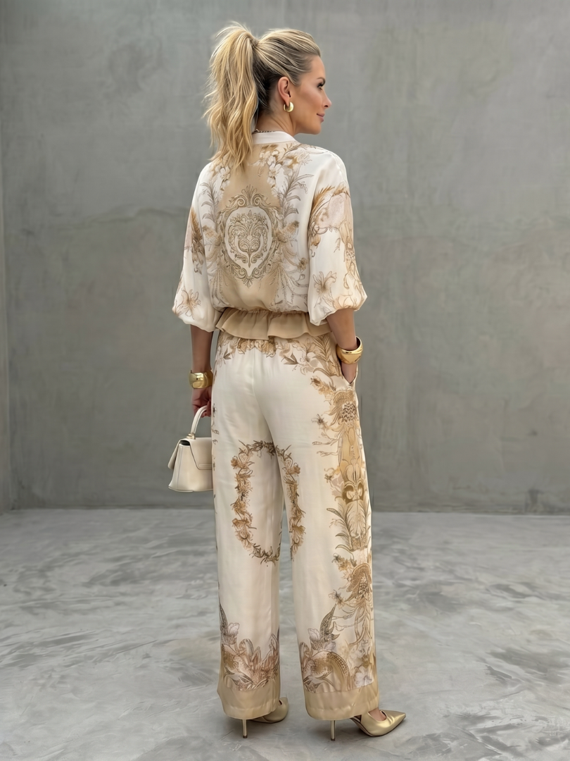 Stylish women's white floral co-ord set, relaxed fit, perfect for elegant spring fashion & comfortable summer wear.