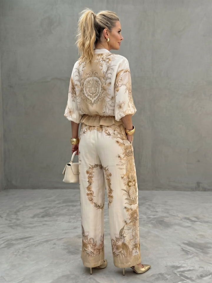 Stylish women's white floral co-ord set, relaxed fit, perfect for elegant spring fashion & comfortable summer wear.