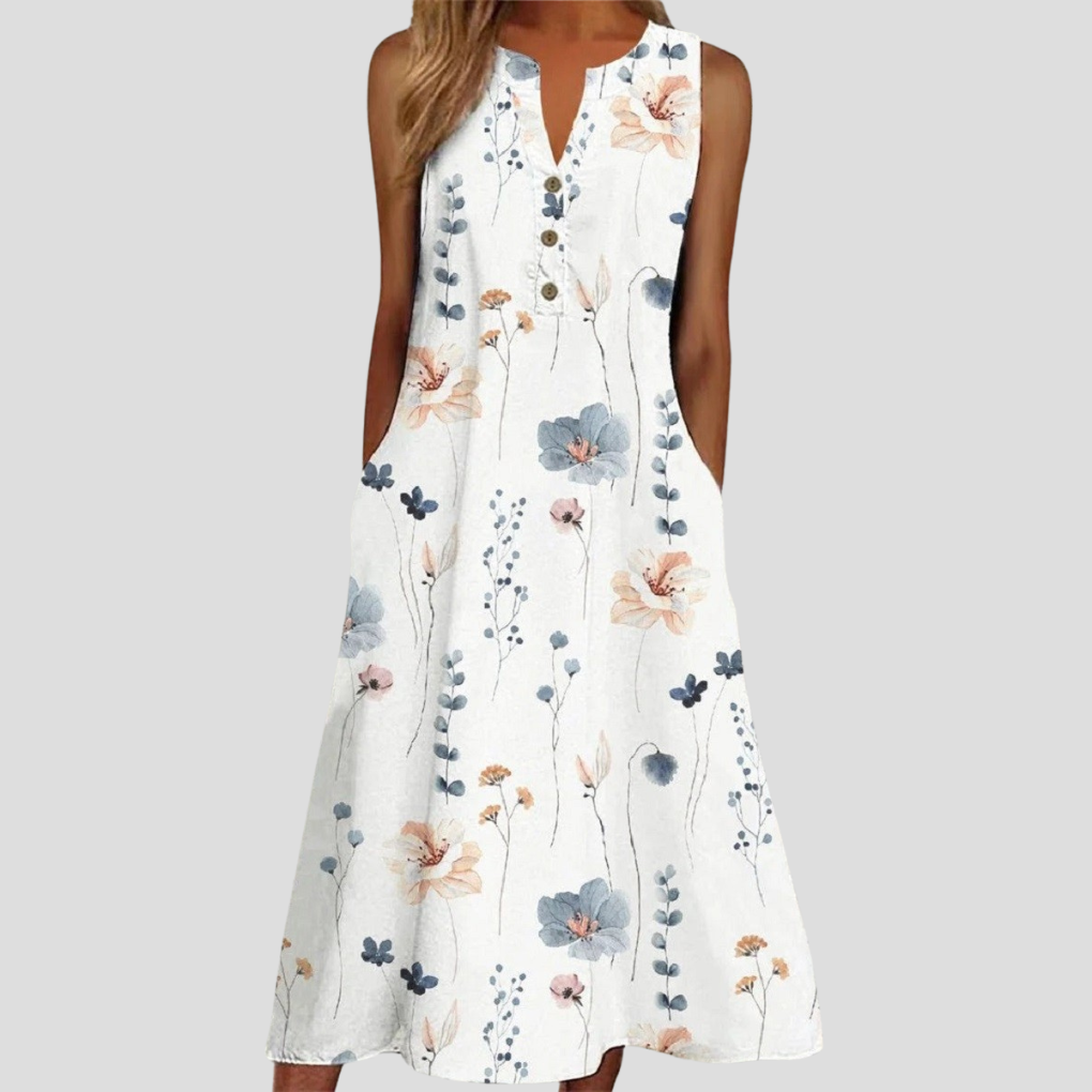 Women's white floral V-neck sleeveless summer dress. Perfect casual day dress, beachwear, or vacation outfit.