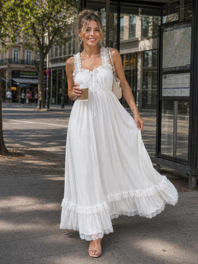Comfortable women's sleeveless midi dress, featuring delicate ruffle straps & a flowing silhouette for casual day wear.