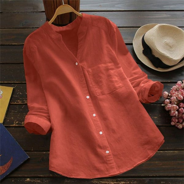 Women's white linen cotton blend long sleeve button-down blouse with a relaxed fit, perfect for everyday elegance.