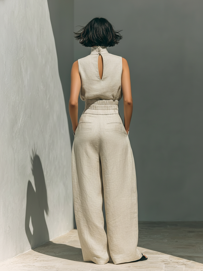 Casual women's linen wide-leg pant set with sleeveless roll neck top. Perfect for summer comfort.