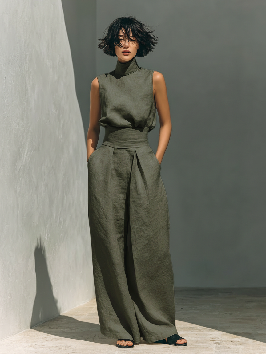 Stylish women's linen two-piece set: sleeveless roll neck top & wide-leg pants. Ideal for summer casual wear.