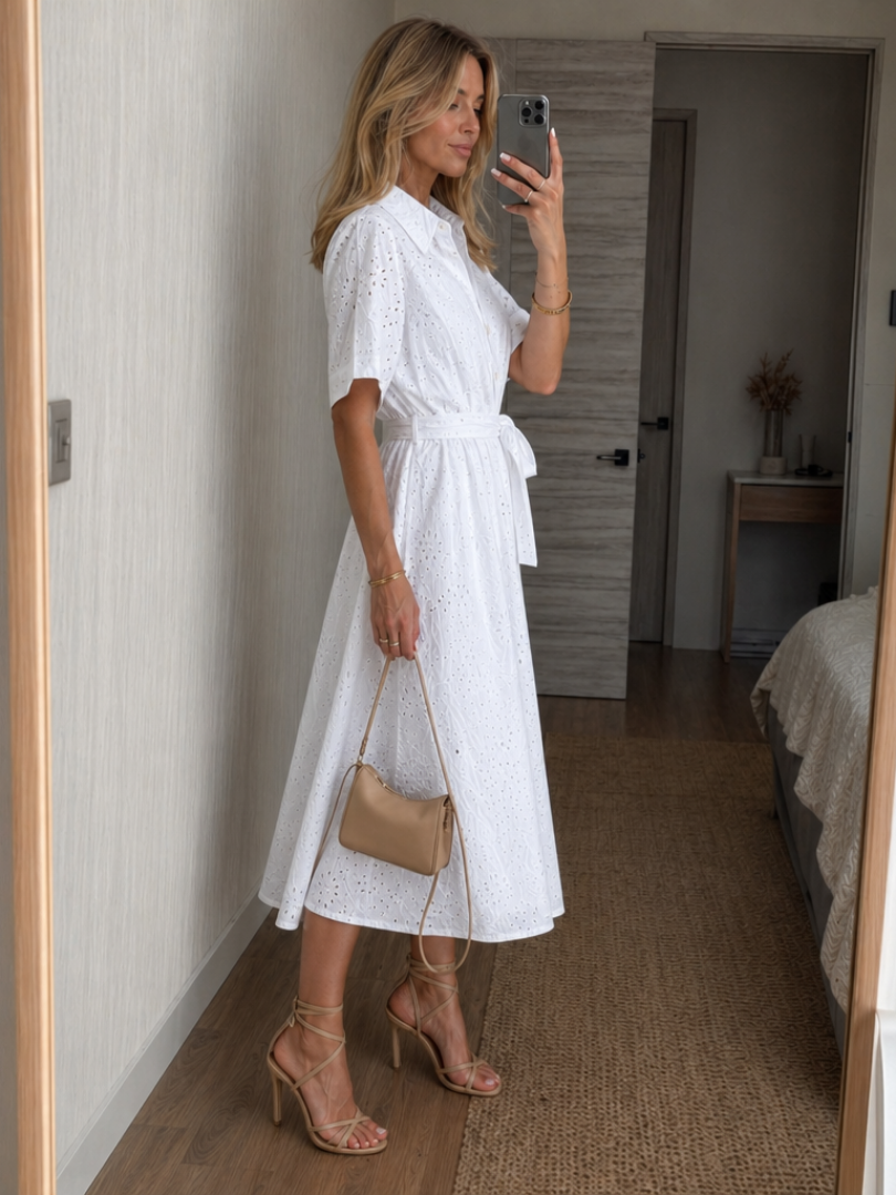 Casual collared white midi dress for women, featuring short sleeves and a stylish button-front design.