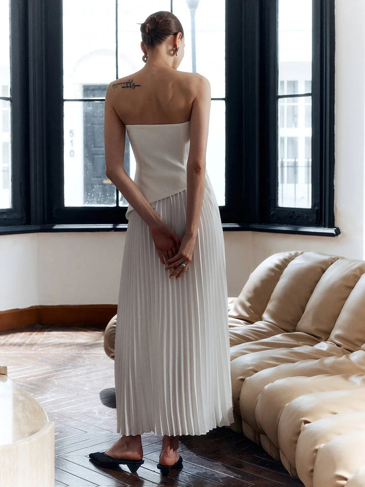 Chic white formal strapless maxi dress, perfect for evening wear and special occasions.