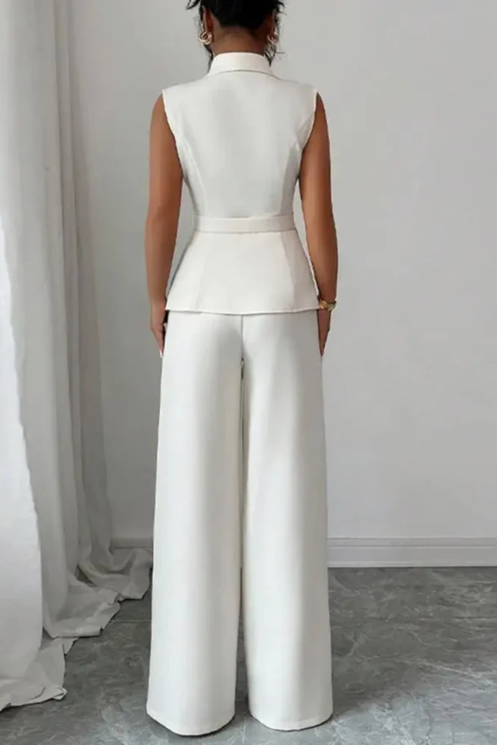Women's white tailored suit set: sleeveless blazer & chic wide leg trousers. Elegant & modern professional attire.