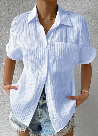 Yellow women's relaxed short sleeve button-up shirt, a stylish textured summer top.
