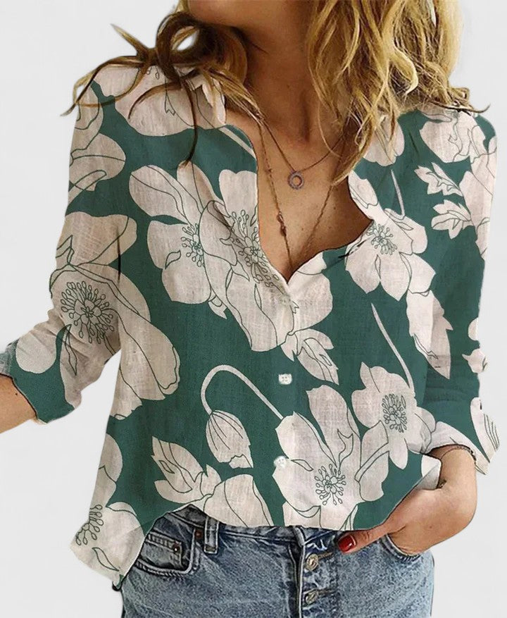 Striped women's V-neck button blouse, a versatile summer top for casual or elegant everyday fashion.