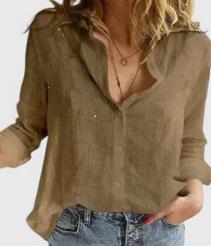 Stylish women's V-neck button blouse, a versatile summer top for relaxed everyday fashion.