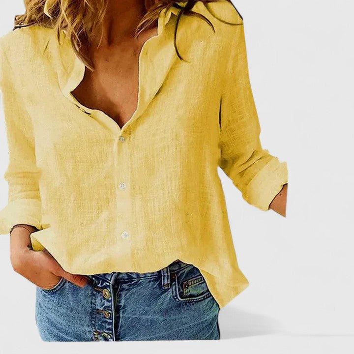 Light blue women's V-neck blouse, button-down summer top with relaxed fit for casual style.