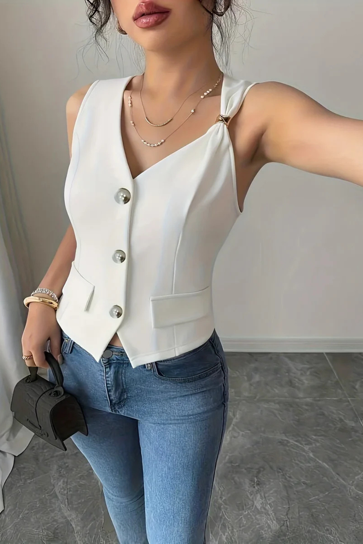 Elegant women's V-neck summer vest, white, fitted silhouette with button front and chic metal buckle, versatile layering.