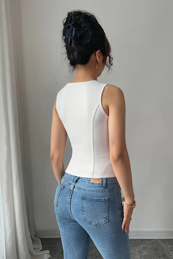 Tailored women's white V-neck waistcoat, fitted for summer, featuring a stylish button front and unique metal buckle.