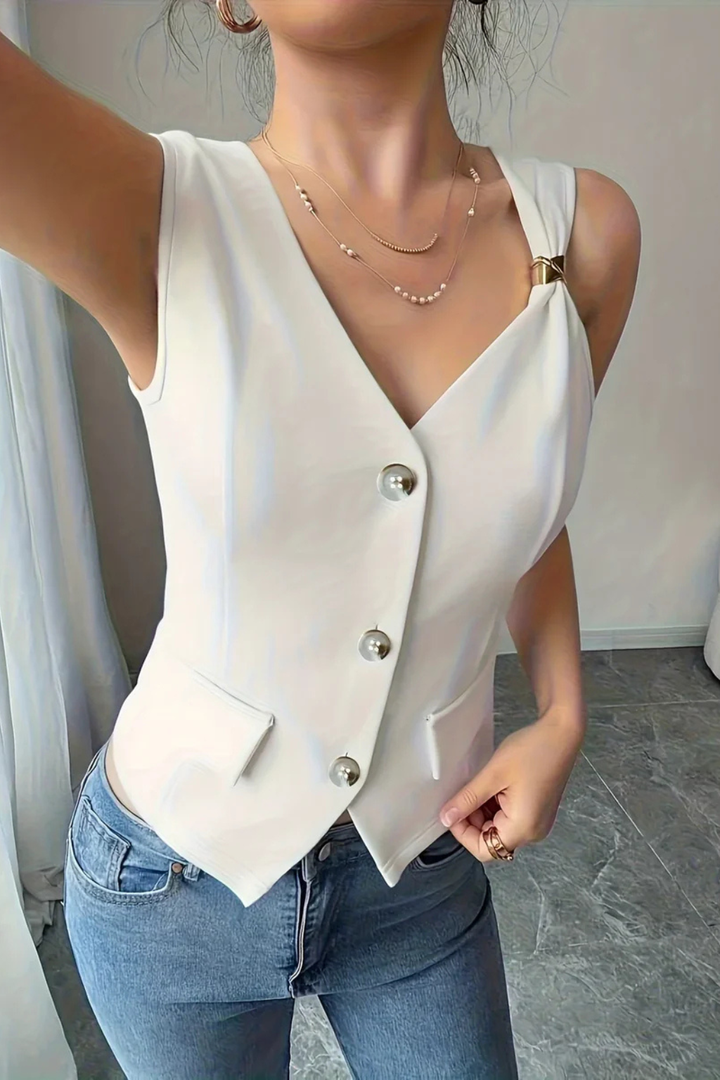 Wardrobe essential: Women's white V-neck fitted summer waistcoat with button front and elegant metal buckle detail.
