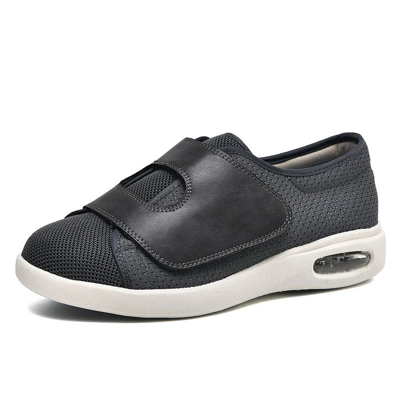 Supportive women's wide fit walking sneakers, orthotic-friendly with comfort cushioning & adjustable strap closure.