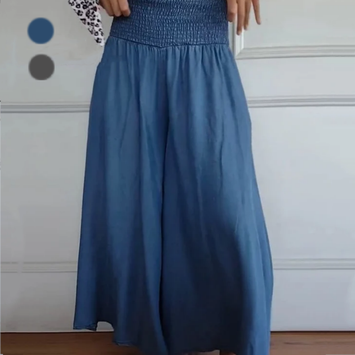 Relaxed fit women's high-waist wide-leg denim pants with smocked detail, perfect for casual elegance.