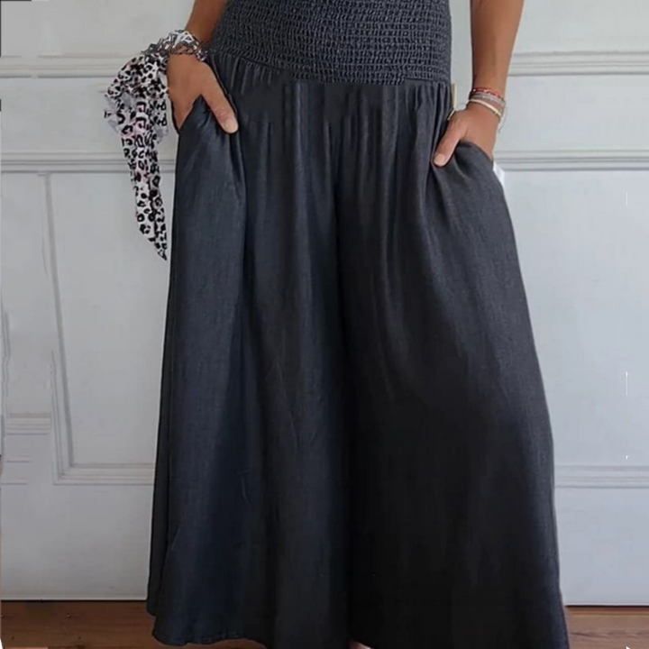 Stylish women's wide-leg denim trousers with a comfortable high-waist and trendy smocked detail.