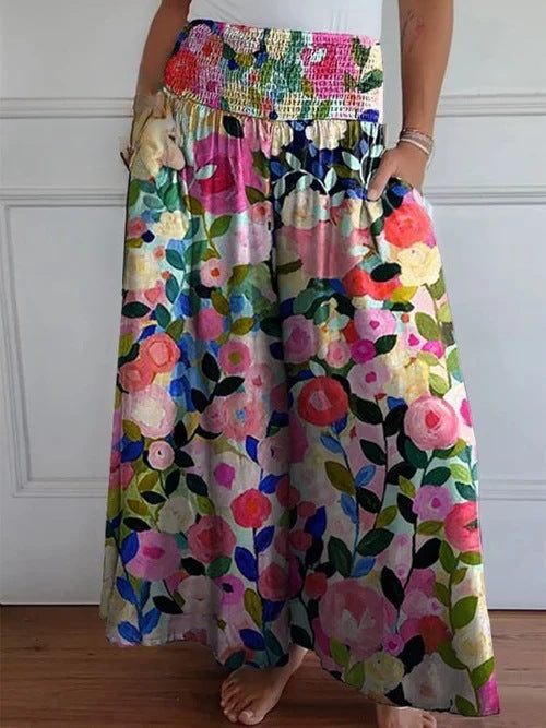 Versatile women's wide-leg high-waist smocked denim trousers, suitable for both casual and elegant outfits.