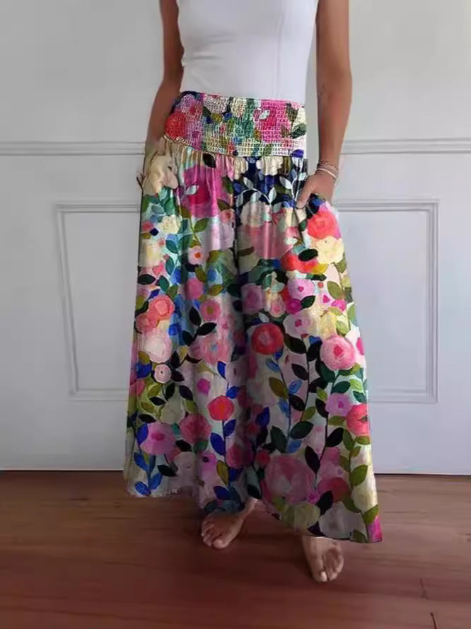 Women's high-waist wide-leg denim smocked trousers. Stylish, comfortable, relaxed fit pants.