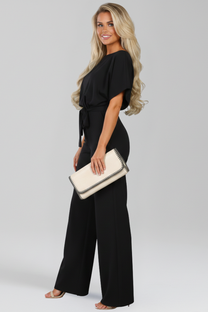 Comfortable women's tie-belt wide-leg jumpsuit; a versatile one-piece for modern spring & summer fashion.