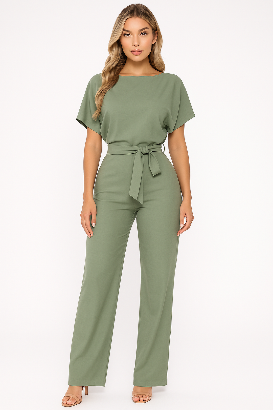 Women's wide leg jumpsuit with boat neck & waist tie. Elegant, versatile, comfortable one piece.