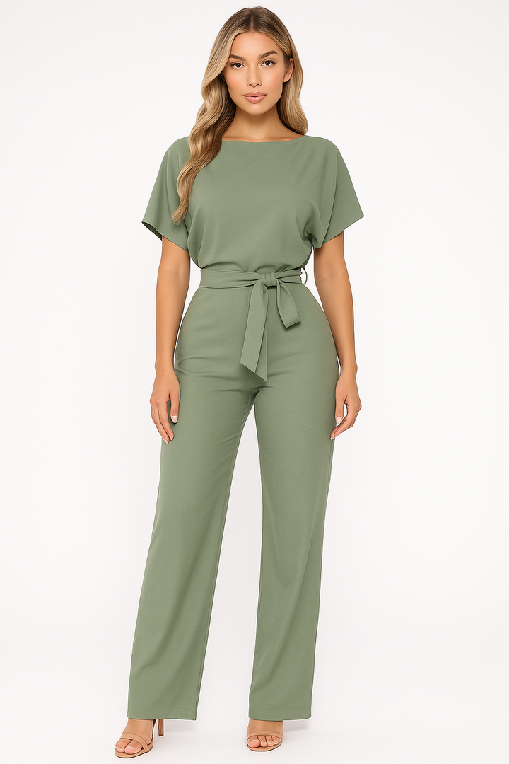 Women's wide leg jumpsuit with boat neck & waist tie. Elegant, versatile, comfortable one piece.