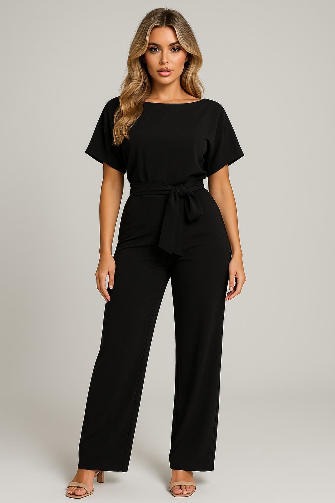 Short sleeve wide leg jumpsuit for women. Boat neck & adjustable waist tie for a flattering fit.