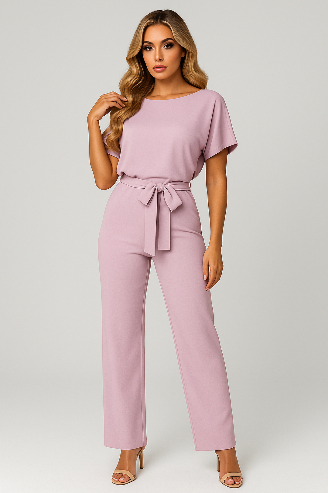 Casual chic women's wide leg jumpsuit with boat neck & waist tie. Comfortable, fashionable one piece.