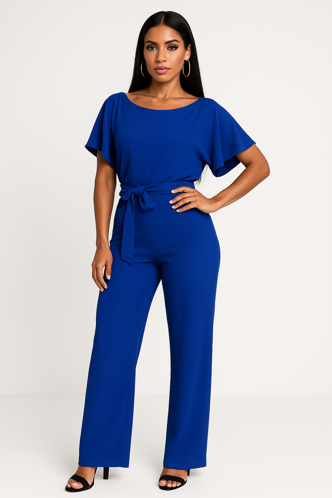 Women's wide leg jumpsuit, boat neck, waist tie. Ideal for office, summer outings, or evening events.