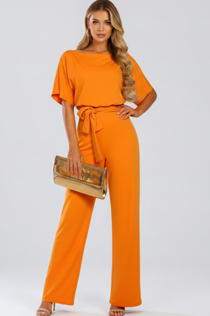 Full-length women's wide-leg jumpsuit, short sleeve style, with a comfortable and adjustable self-belt.