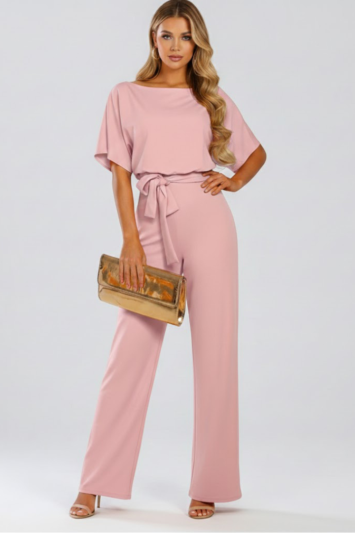 Effortlessly stylish women's wide-leg jumpsuit, short sleeves and a sophisticated belt, perfect for any occasion.