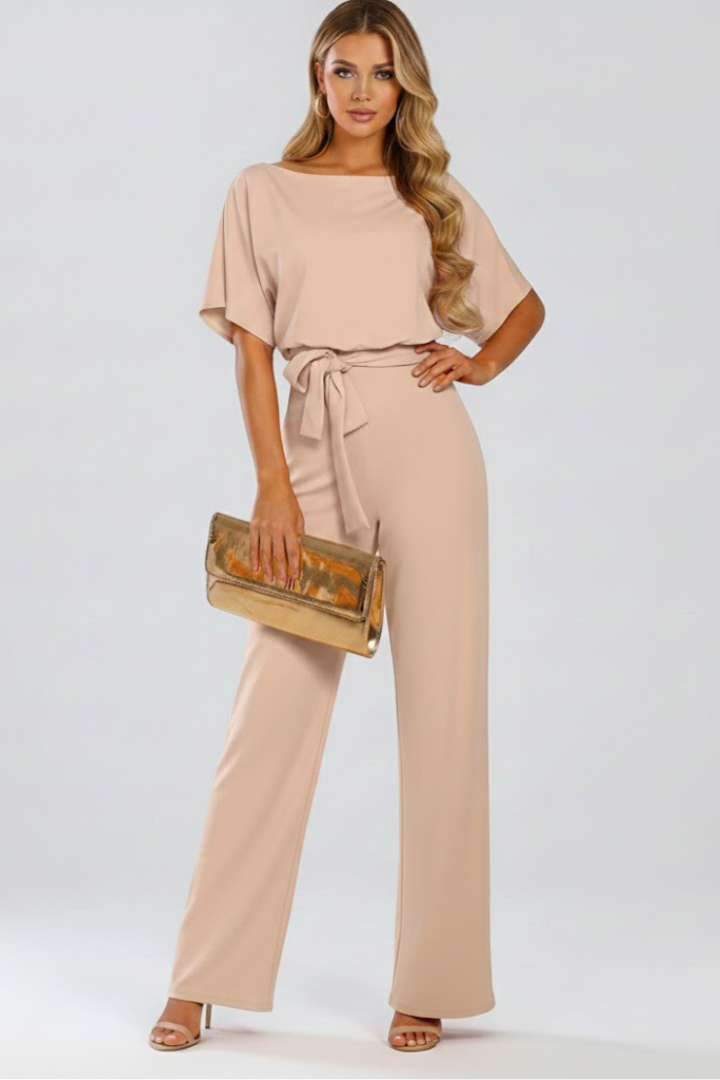 Elegant women's wide-leg jumpsuit featuring short sleeves and a flattering belted waist for spring and summer.