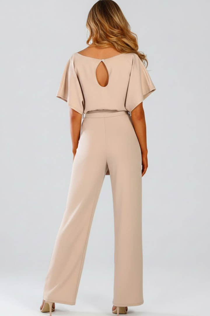 Versatile women's short-sleeve wide-leg jumpsuit with a chic belt, comfortable for daily wear or special events.